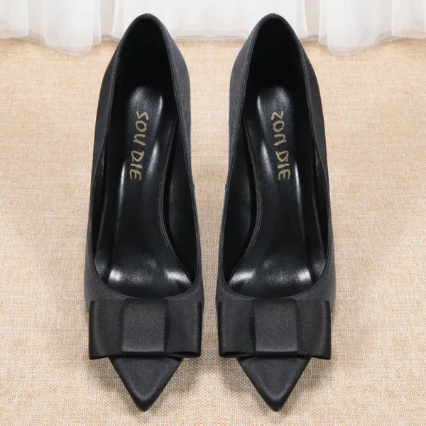 Chic / Beautiful Black Office OL Satin Pumps 2021 Bow 10 cm Stiletto Heels Pointed Toe High Heels