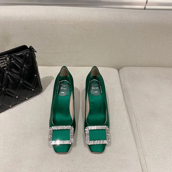 Vintage / Retro Green Silk Satin Prom Rhinestone Pumps 2021 7 cm Stiletto Heels Square Toe High Heels