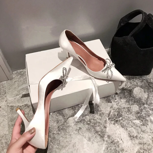 Charming Black Silk Satin Evening Party Pumps 2021 Bow Rhinestone High Heels 10 cm Stiletto Heels Pointed Toe Pumps