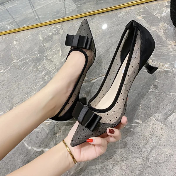 Lovely Black Dating Spotted See-through Bow Pumps 2021 4 cm Stiletto Heels Low Heel High Heels Pointed Toe Pumps