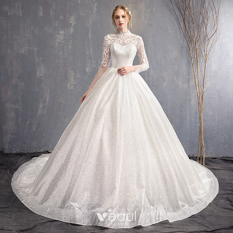 Elegant White Wedding Dresses 2018 A-Line / Princess Appliques Lace High Neck Backless Long Sleeve Chapel Train Wedding Elegant White Wedding Dresses 2018 A-Line / Princess Appliques Lace High Neck Backless Long Sleeve Chapel Train Wedding