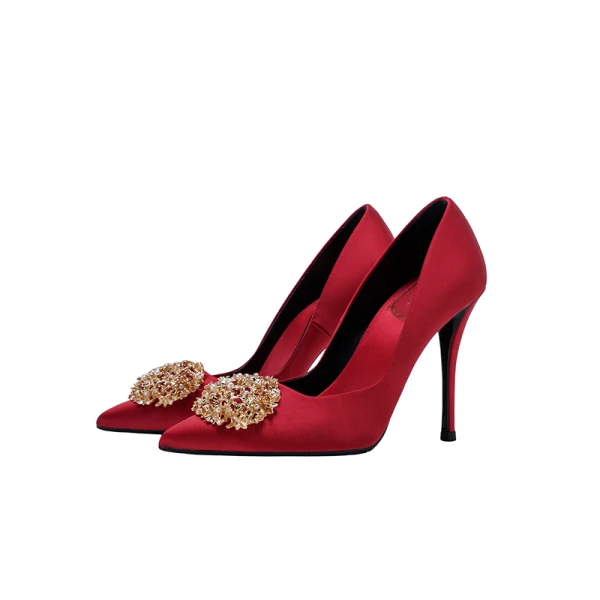 Charming Champagne Rhinestone Satin Wedding Shoes 2021 10 cm Stiletto Heels High Heels Pointed Toe Wedding Pumps