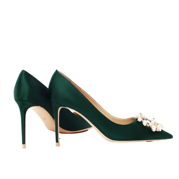 Elegant Green Prom Satin Pearl Rhinestone Pumps 2021 10 cm Stiletto Heels Pointed Toe High Heels