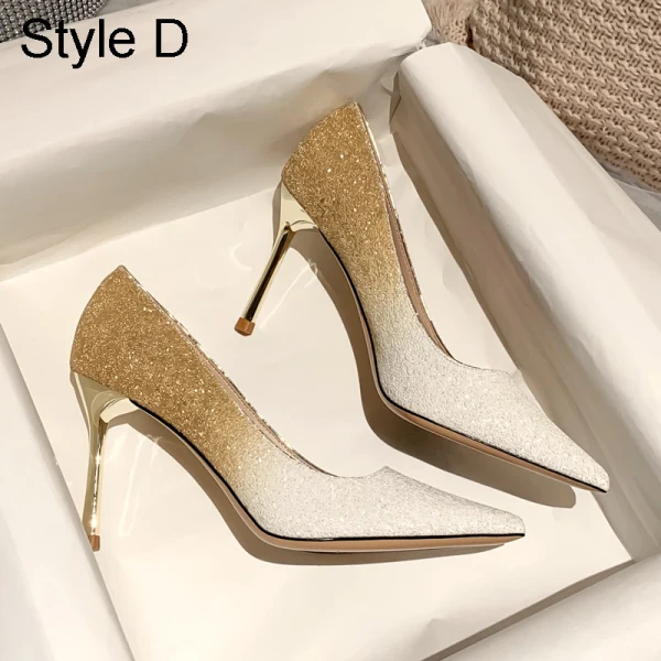 Glittrande Champagne Afton Paljetter Pumps 2021 Läder 9 cm Stilettklackar Spetsiga Högklackade