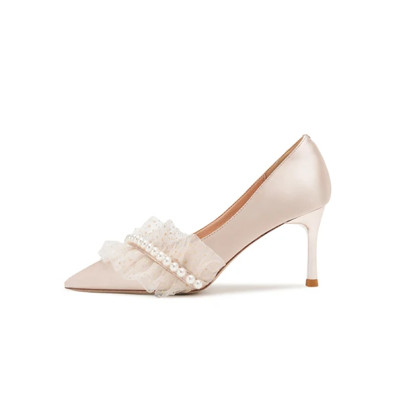 Elegant Champagne Pearl Wedding Shoes 2021 Satin High Heels 7 cm Stiletto Heels Pointed Toe Wedding Pumps