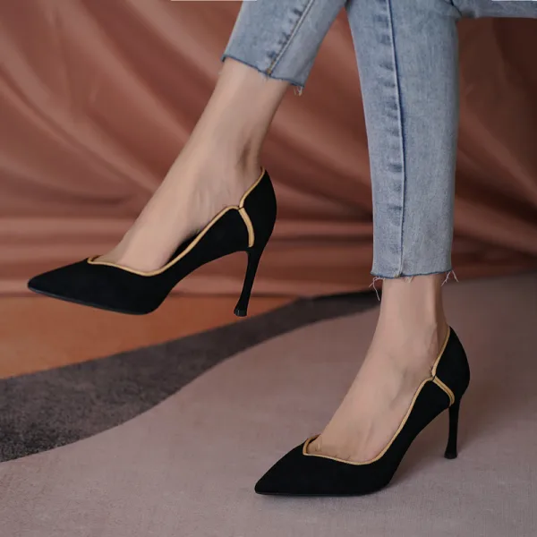 Schöne Schwarz Ball Wildleder Pumps 2021 Leder 6 cm Stilettos Spitzschuh Hochhackige