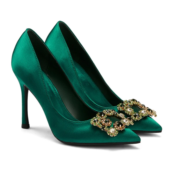 Elegant Dark Green Prom Satin Rhinestone Pumps 2021 10 cm Stiletto Heels Pointed Toe High Heels