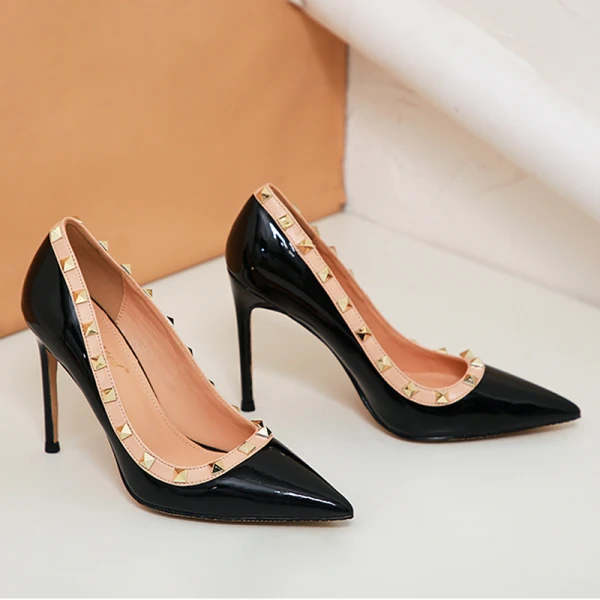Charming Black Evening Party Rivet Pumps 2021 Leather 10 cm Stiletto Heels High Heels Pointed Toe Pumps
