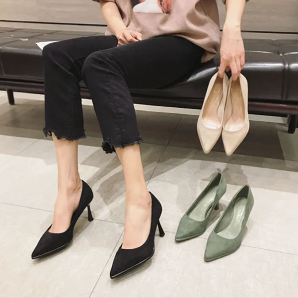 Simple Noire Bureau OL Daim Escarpins 2021 7 cm Talons Aiguilles À Bout Pointu Talons Hauts