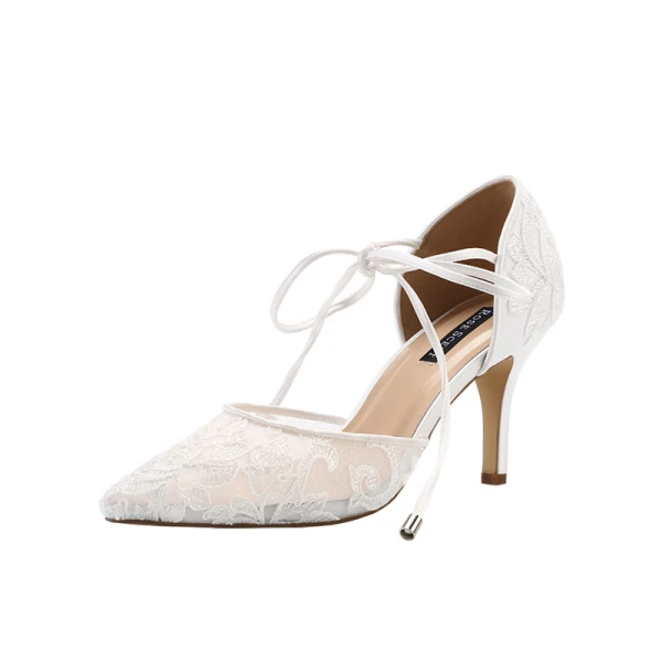 Elegant Ivory See-through Lace Flower Wedding Shoes 2021 Satin 8 cm Stiletto Heels Pointed Toe Wedding High Heels