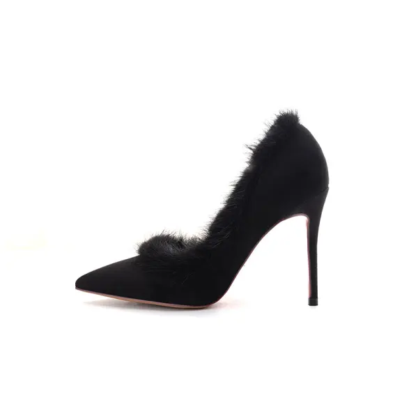 Schöne Schwarz Strassenmode Plüsch Wildleder Damenschuhe 2021 10 cm Stilettos Spitzschuh Offene Seite Hochhackige