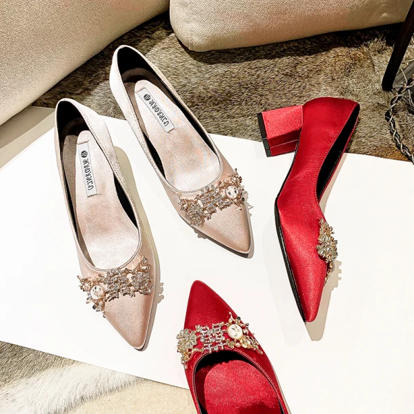 Chinese style Red Satin Rhinestone Wedding Shoes 2021 7 cm Thick Heels Pointed Toe Wedding High Heels Pumps