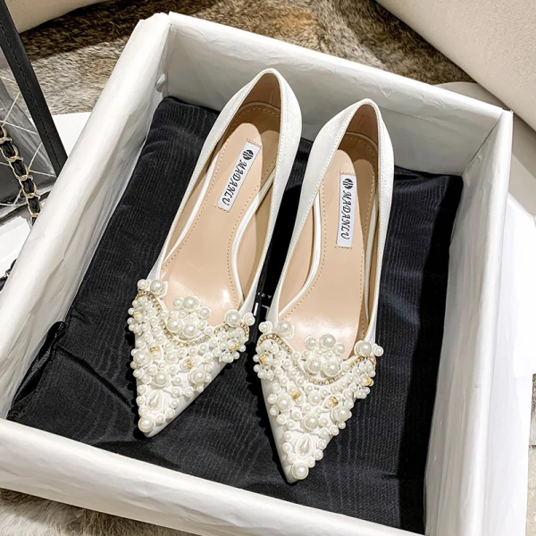 Elegant White Pearl Rhinestone Satin Wedding Shoes 2021 7 cm Thick Heels High Heels Pointed Toe Wedding Pumps