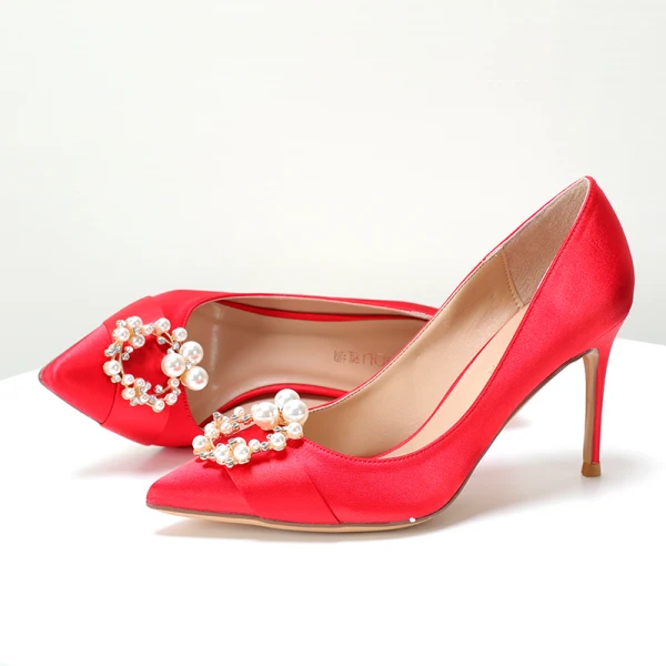 Chic / Beautiful Champagne Bridesmaid Satin Pumps 2021 Rhinestone Pearl 10 cm Stiletto Heels Pointed Toe High Heels