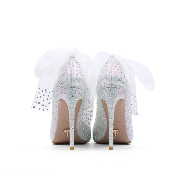 Charmig Glittrande Silver Rhinestone Pärla Brudskor 2021 Rosett Läder 10 cm Stilettklackar Spetsiga Bröllop Högklackade Pumps