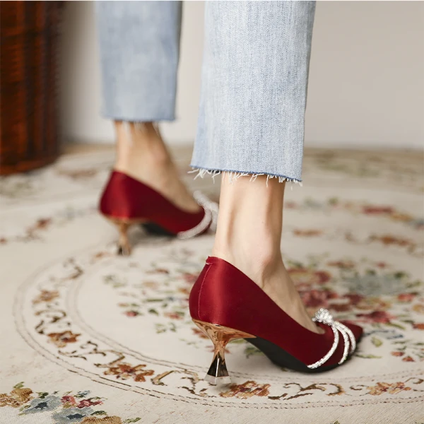 Sexy Black Cocktail Party Rhinestone Pumps 2021 Satin 6 cm Stiletto Heels High Heels Pointed Toe Pumps