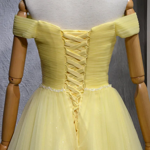 Schöne Gelb Ballkleider 2018 A Linie Pailletten Off Shoulder Rückenfreies Ärmellos Sweep / Pinsel Zug Festliche Kleider