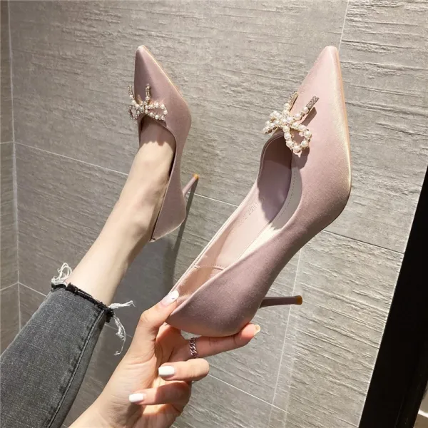 Elegant Beige Evening Party Bow Pearl Pumps 2021 7 cm Stiletto Heels High Heels Pointed Toe Pumps