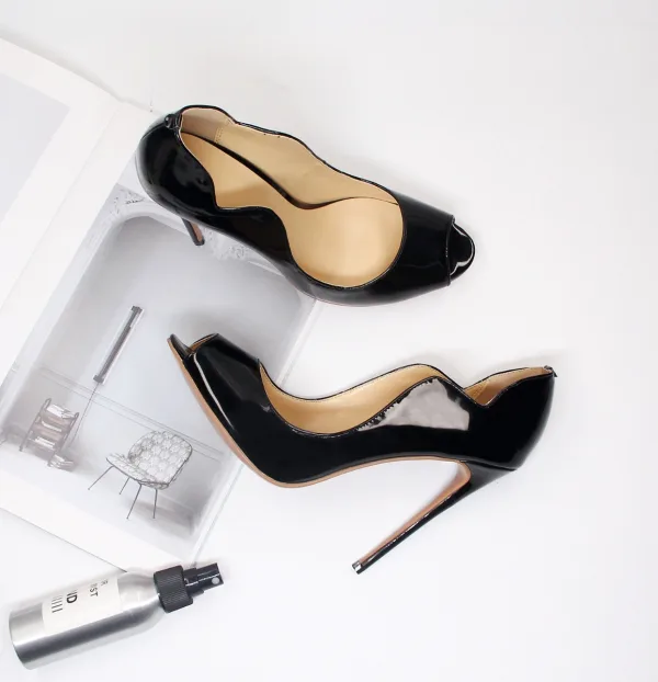 Sexy Black Cocktail Party Patent Leather Womens Shoes 2021 12 cm Stiletto Heels Open / Peep Toe High Heels