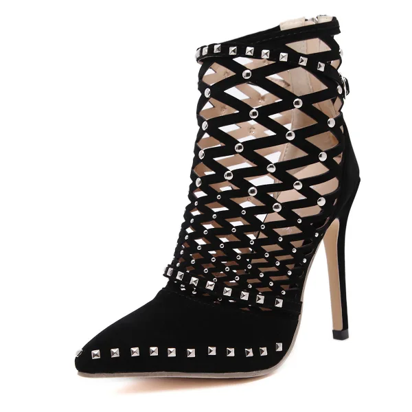Mode Noire Soirée Percé Faux Diamant Sandales Femme 2021 12 cm Talons Aiguilles À Bout Pointu Sandales Talons Hauts