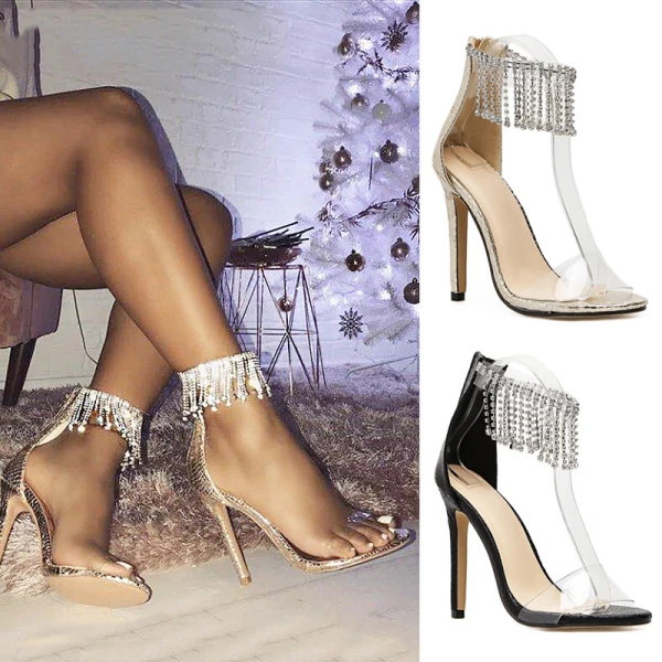 Charming Sexy Gold Prom Rhinestone Tassel Womens Sandals 2021 11 cm Stiletto Heels Open / Peep Toe High Heels Sandals