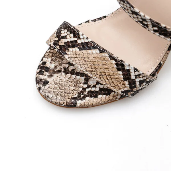 Fashion White Street Wear Snakeskin Print Womens Sandals 2021 Ankle Strap 10 cm Thick Heels Open / Peep Toe High Heels