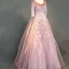 Chic / Beautiful Blushing Pink Prom Dresses 2018 Ball Gown Appliques Lace Handmade  Beading Crystal Sequins Scoop Neck 3/4 Sleeve Sweep Train Formal Dresses