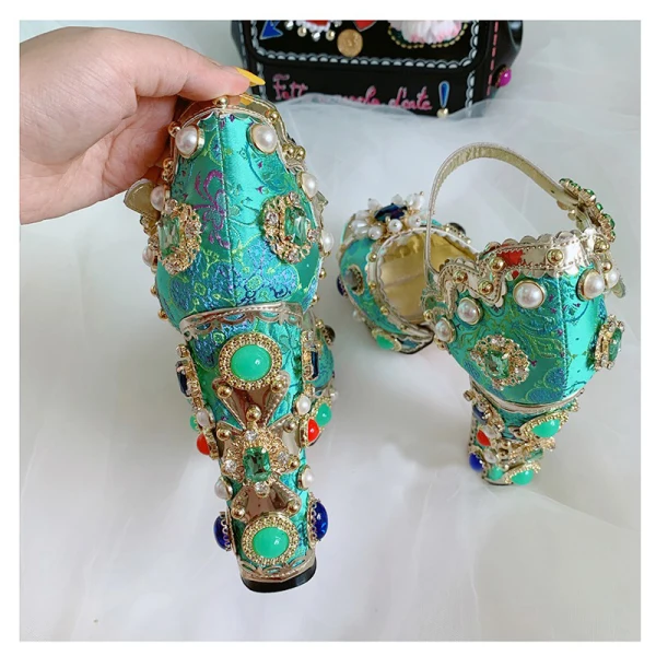 Luxus / Herrlich Barocke Braun Perle Strass Ball Sandalen Damen 2021 Leder Wasserdichte Knöchelriemen 14 cm Thick Heels Peeptoes Hochhackige