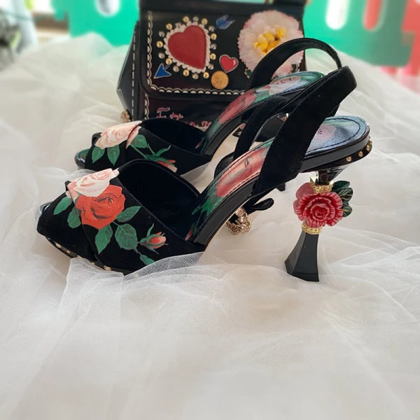 Vintage / Retro High-end Black Pageant Womens Sandals 2021 Leather Embroidered Ankle Strap 10 cm Stiletto Heels Open / Peep Toe High Heels