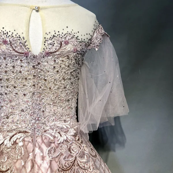 Luxe Perle Rose Robe De Soirée 2018 Princesse Appliques En Dentelle Perlage Cristal Faux Diamant Paillettes Encolure Dégagée Dos Nu 1/2 Manches Longue Robe De Ceremonie
