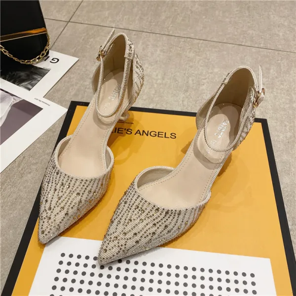 Sexy Beige Evening Party Rhinestone Womens Sandals 2021 Ankle Strap 6 cm Stiletto Heels Pointed Toe High Heels