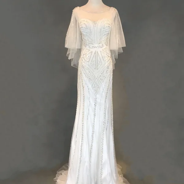 Luxe Ivoire Robe De Soirée 2018 Trompette / Sirène Perlage Perle Faux Diamant Paillettes Encolure Dégagée Dos Nu 3/4 Manches Train De Balayage Robe De Ceremonie