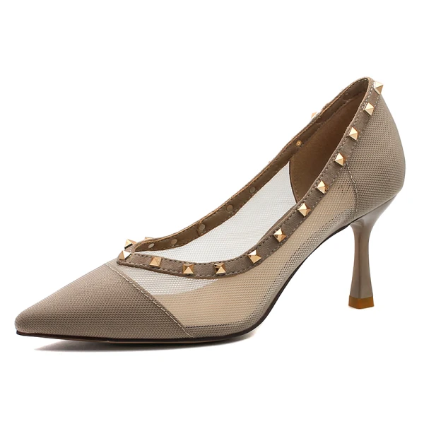 Fashion Rivet Black See-through Evening Party Pumps 2021 7 cm Stiletto Heels Pointed Toe High Heels Pumps
