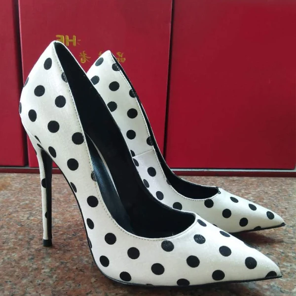 Chic / Beautiful Prom Ivory Spotted Pumps 2021 Satin 12 cm Stiletto Heels Pointed Toe High Heels Pumps