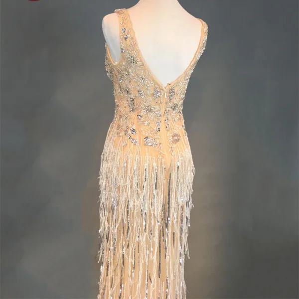 Luxury / Gorgeous Champagne Evening Dresses 2018 Trumpet / Mermaid Beading Tassel U-Neck Backless Sleeveless Floor-Length / Long Formal Dresses