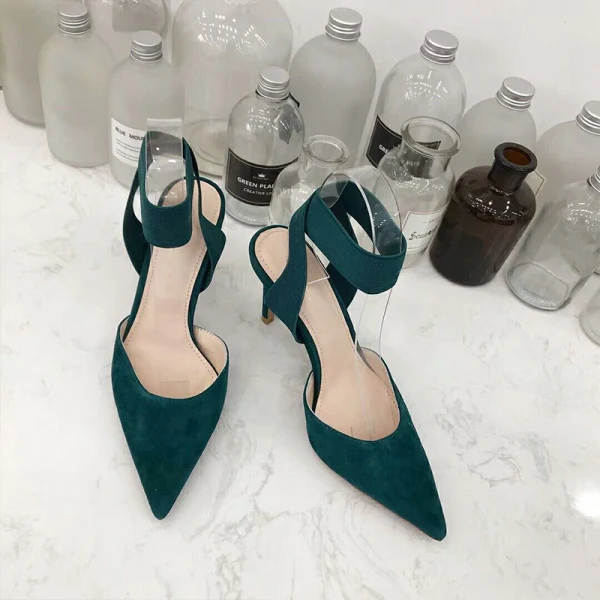 Chic / Belle Vert Foncé Vêtement de rue Daim Sandales Femme 2021 Bride Cheville 8 cm Talons Aiguilles À Bout Pointu Talons Hauts Sandales