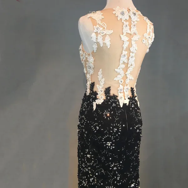 Luxury / Gorgeous Black Evening Dresses 2018 Trumpet / Mermaid Appliques Lace Beading Crystal Rhinestone Scoop Neck Sleeveless Floor-Length / Long Formal Dresses