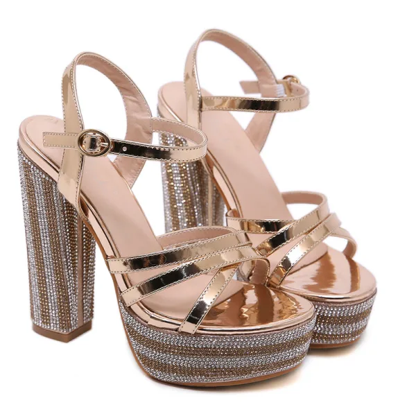 Sexy Champagne Soirée Faux Diamant Sandales Femme 2021 Bride Cheville 14 cm Talons Épais Talons Hauts Peep Toes / Bout Ouvert Sandales