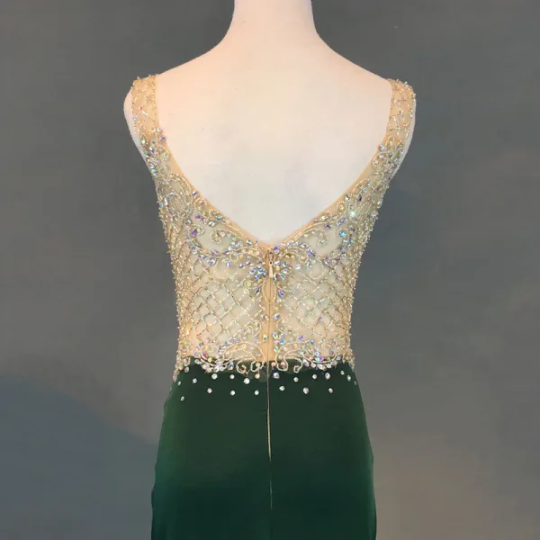 Chic / Beautiful Dark Green Evening Dresses 2018 Trumpet / Mermaid Handmade Beading Crystal Rhinestone V-Neck Backless Sleeveless Floor-Length / Long Formal Dresses