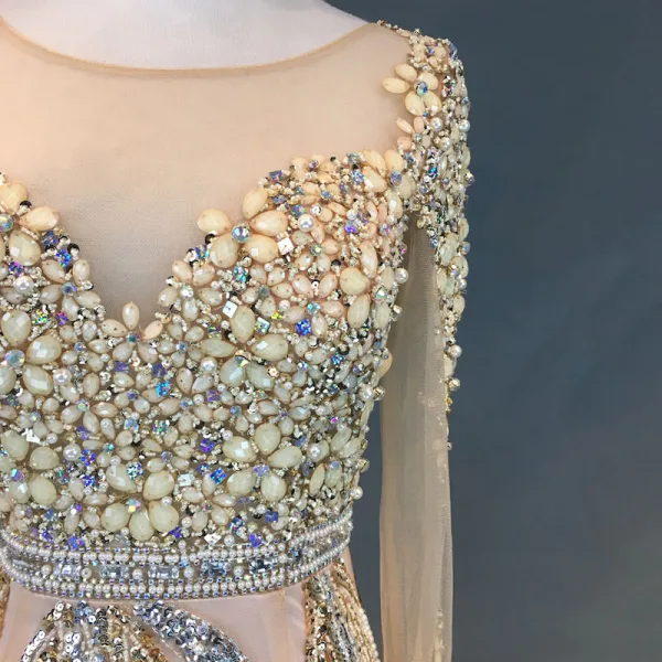 Luxury / Gorgeous Champagne Evening Dresses 2018 Trumpet / Mermaid Beading Crystal Pearl Rhinestone Sequins Scoop Neck Long Sleeve Sweep Train Formal Dresses