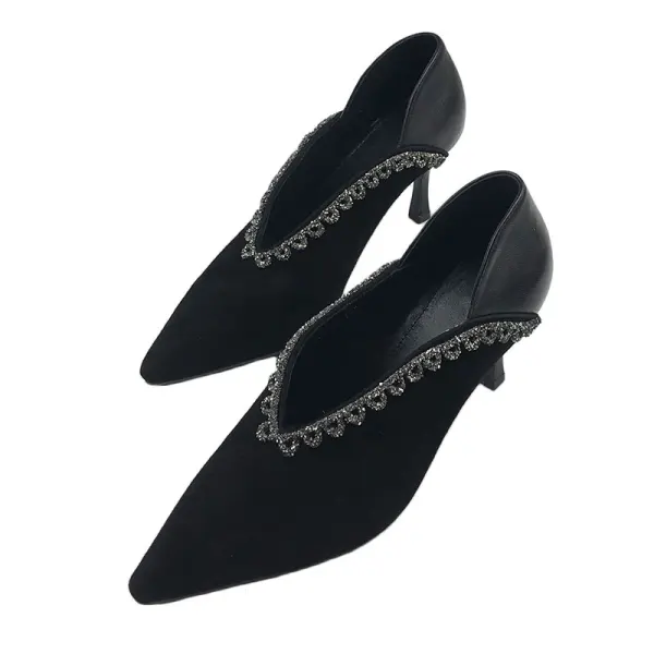 Vintage Schwarz Freizeit Leder Strass Pumps 2021 7 cm Stilettos Hochhackige Spitzschuh Pumps