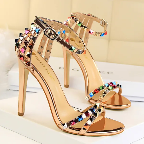 Sexy Silver Cocktail Party Rivet Womens Sandals 2021 T-Strap 11 cm Stiletto Heels Pointed Toe Sandals