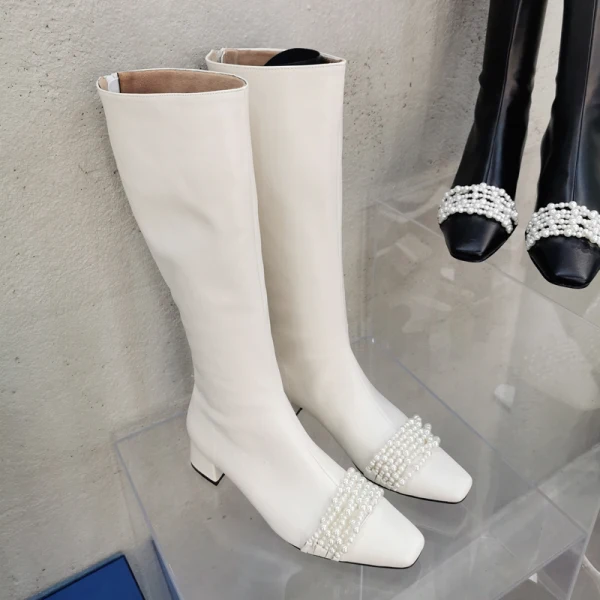 Mote Svart Gateklær Perle Kvinners støvler Midten Kalv 2021 5 cm Tykk Hæler Firkantetå Høyhælte Boots