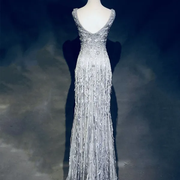 Luxury / Gorgeous Silver Evening Dresses 2018 Trumpet / Mermaid Beading Tassel Crystal Rhinestone V-Neck Backless Sleeveless Floor-Length / Long Formal Dresses
