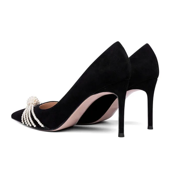 Elegante Zwarte Avond Parel Pumps 2021 Leer 10 cm Naaldhakken / Stiletto Spitse Neus Hoge Hakken Pumps