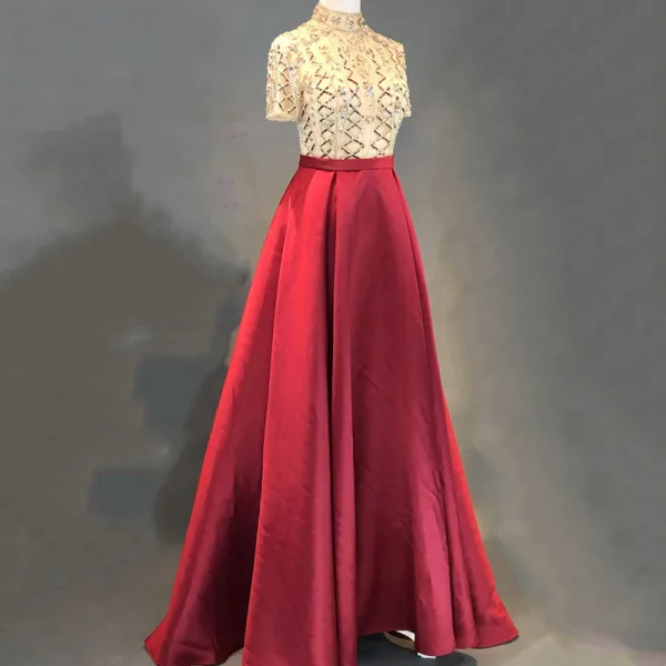 Chic / Belle Bleu Marine Robe De Soirée 2018 Princesse Ceinture Fait main Perlage Cristal Faux Diamant Paillettes Col Haut 1/2 Manches Train De Balayage Robe De Ceremonie