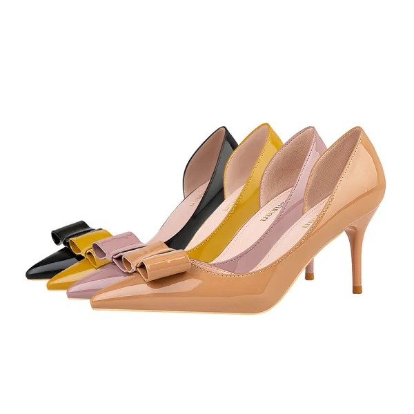 Chic / Beautiful Black Evening Party Bow Open Side Womens Shoes 2021 7 cm Stiletto Heels Pointed Toe High Heels