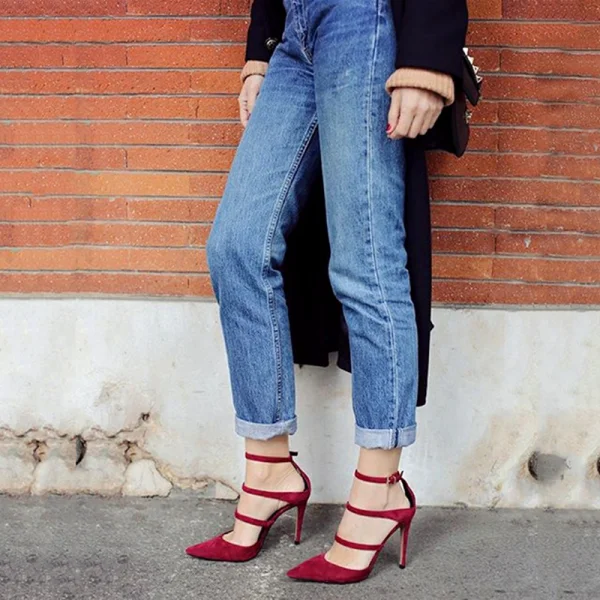 Sexy Burgundy Street Wear Suede Womens Sandals 2021 Ankle Strap 10 cm Stiletto Heels Pointed Toe Sandals High Heels