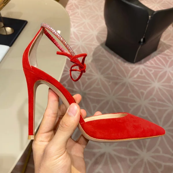 Sexy Red Cocktail Party Womens Sandals 2021 Rhinestone Ankle Strap 10 cm Stiletto Heels Pointed Toe Sandals High Heels