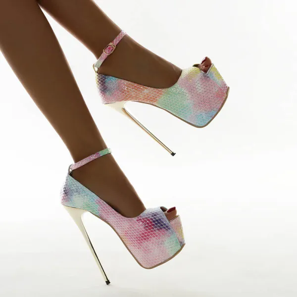 Fashion Multi-Colors Snakeskin Print Rave Club Womens Sandals 2021 Ankle Strap 16 cm Super Stiletto Heels Open / Peep Toe Sandals High Heels